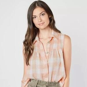 Free People Sleeveless Top Pink Check Plaid Button Front Pleats Sz Small